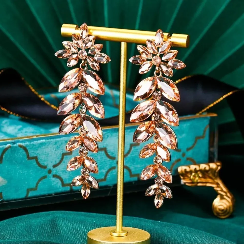 Yellow Gold with Champagne Topaz Austrian Crystal Leaf Chandelier Post Earrings